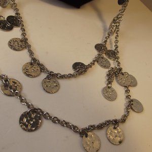 Silver tone Double Strand Necklace Signed JJ  Small Silver Hammered disks